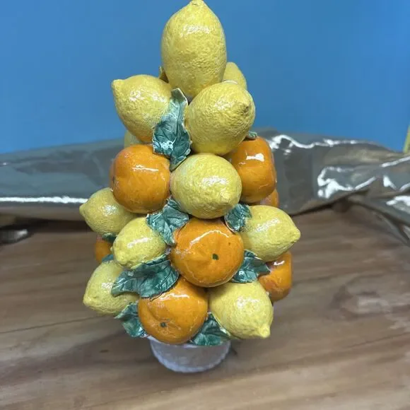 Mid-Century 12” Italian Lemon/Orange Topiary Basket Centerpiece Vintage